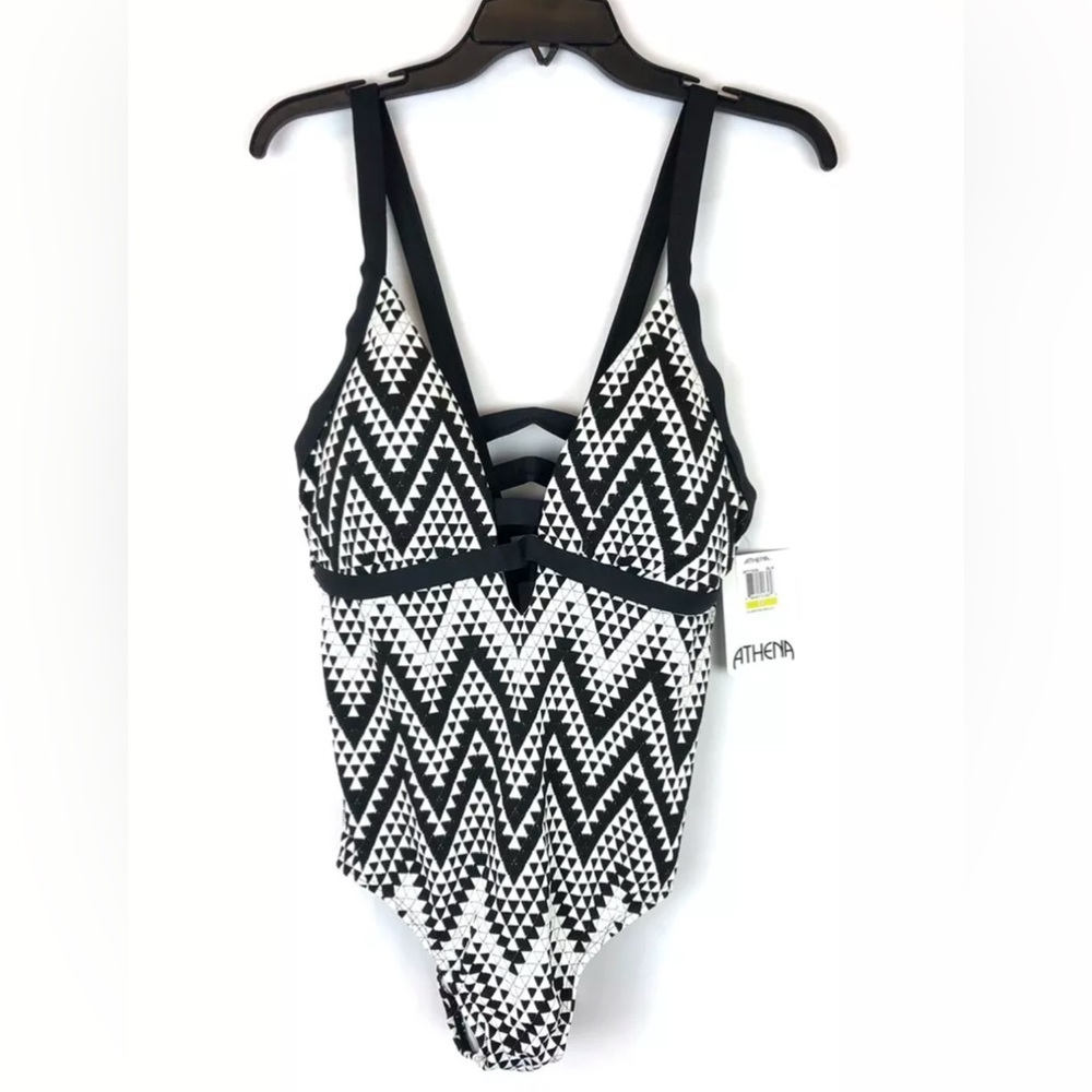Athena Women’s Black White Plunge Neck One Piece Swimsuit Size 14